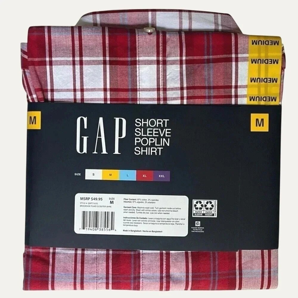 GAP Short Sleeve Poplin Plaid Button Down Shirt Relaxed Fit Mens Medium NWT